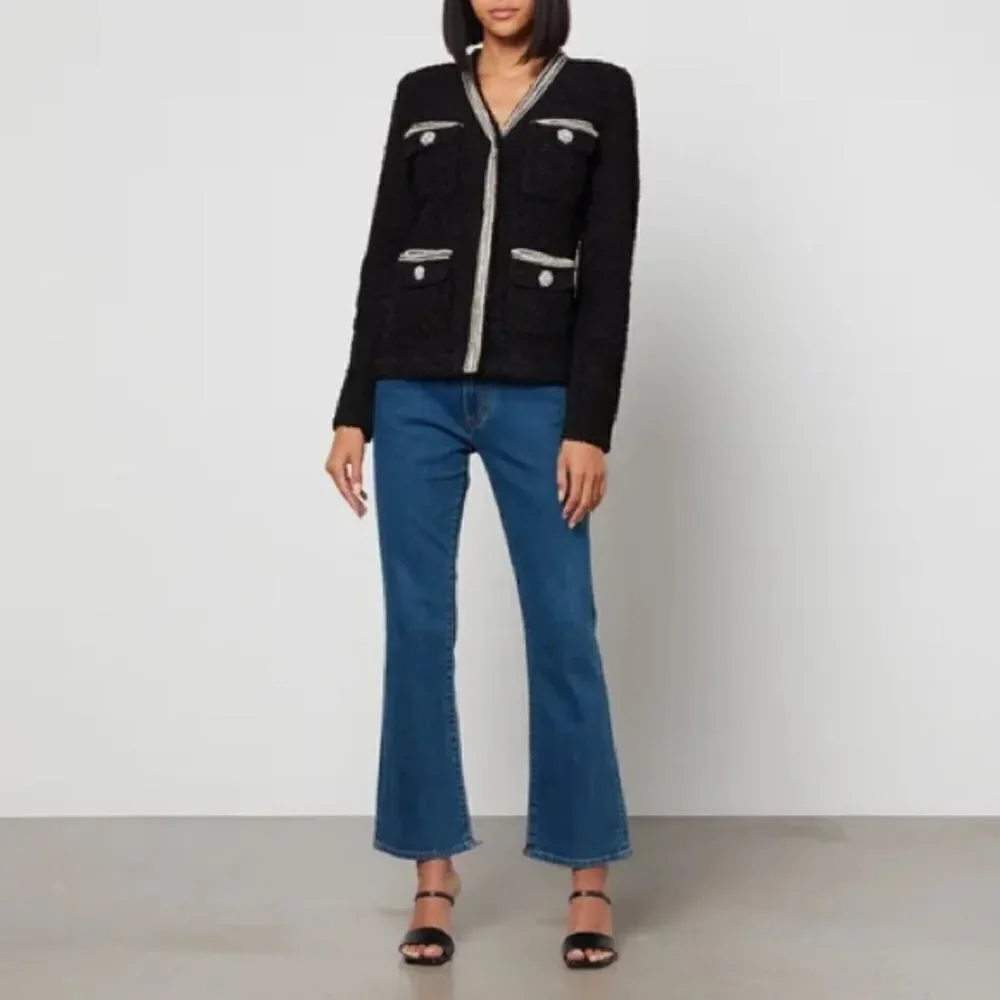 SELF-PORTRAIT Black Tape Knit Crystal-Embellished Bouclé Cardigan